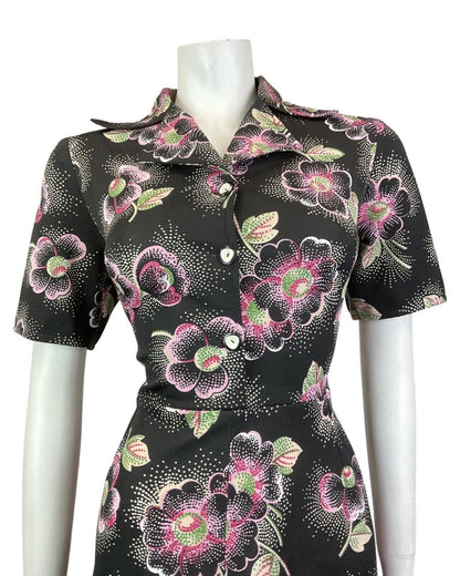 VINTAGE 60s 70s BLACK WHITE PINK FLORAL DOTTY MOD DAGGER SHIRT DRESS 12 14