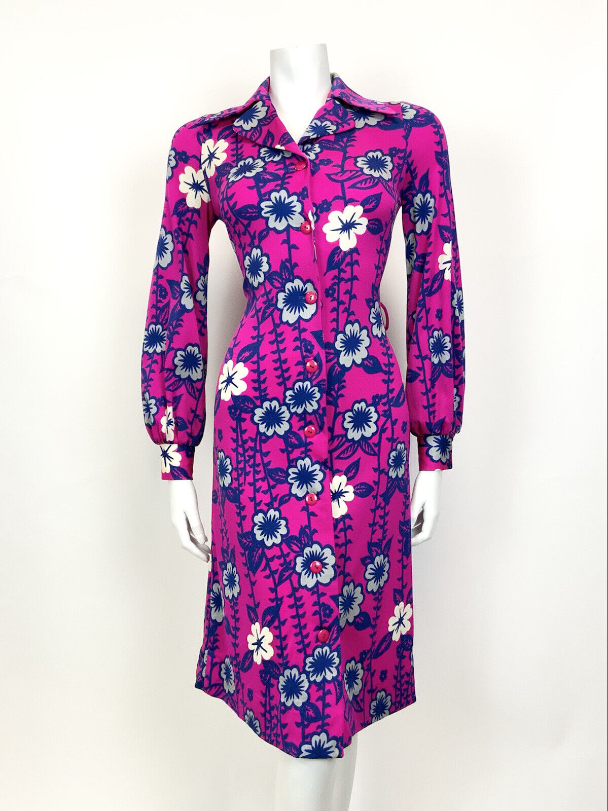 VINTAGE 70s NEON PINK BLUE WHITE PSYCHEDELIC FLORAL DAGGER SHIRT SWING DRESS 8