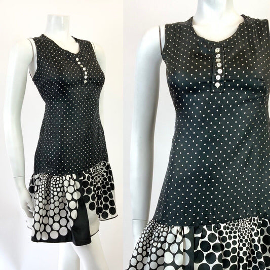 VINTAGE 60s 70s BLACK WHITE POLKA-DOT HALFTONE MOD SLEEVELESS SHIFT DRESS 8 10