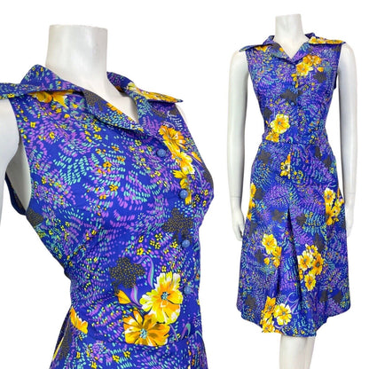 VINTAGE 60s 70s BLUE PURPLE YELLOW FLORAL DAGGER COLLAR SHIRT DRESS 12 14