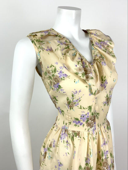 VINTAGE 60s 70s CREAM BROWN GREEN PURPLE FLORAL RUFFLE FLOATY DRESS 10 12