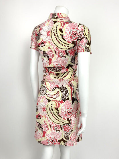 VTG 60s 70s WHITE PINK BROWN YELLOW FLORAL PSYCHEDELIC HIPPY STRETCH DRESS 10 12