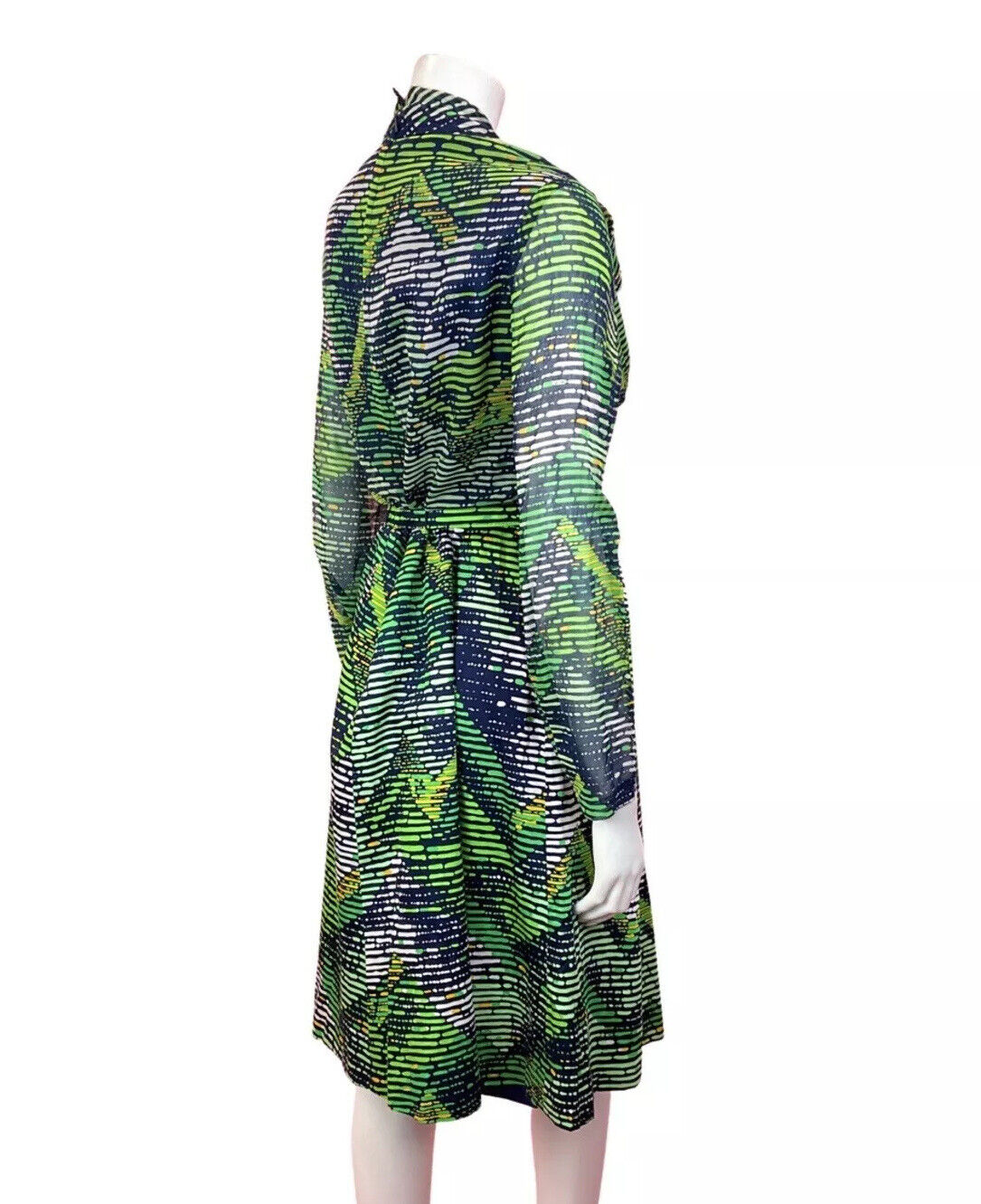 VINTAGE 60s 70s BLUE GREEN WHITE STRIPED PSYCHEDELIC SHEER PUSSYBOW DRESS 14 16