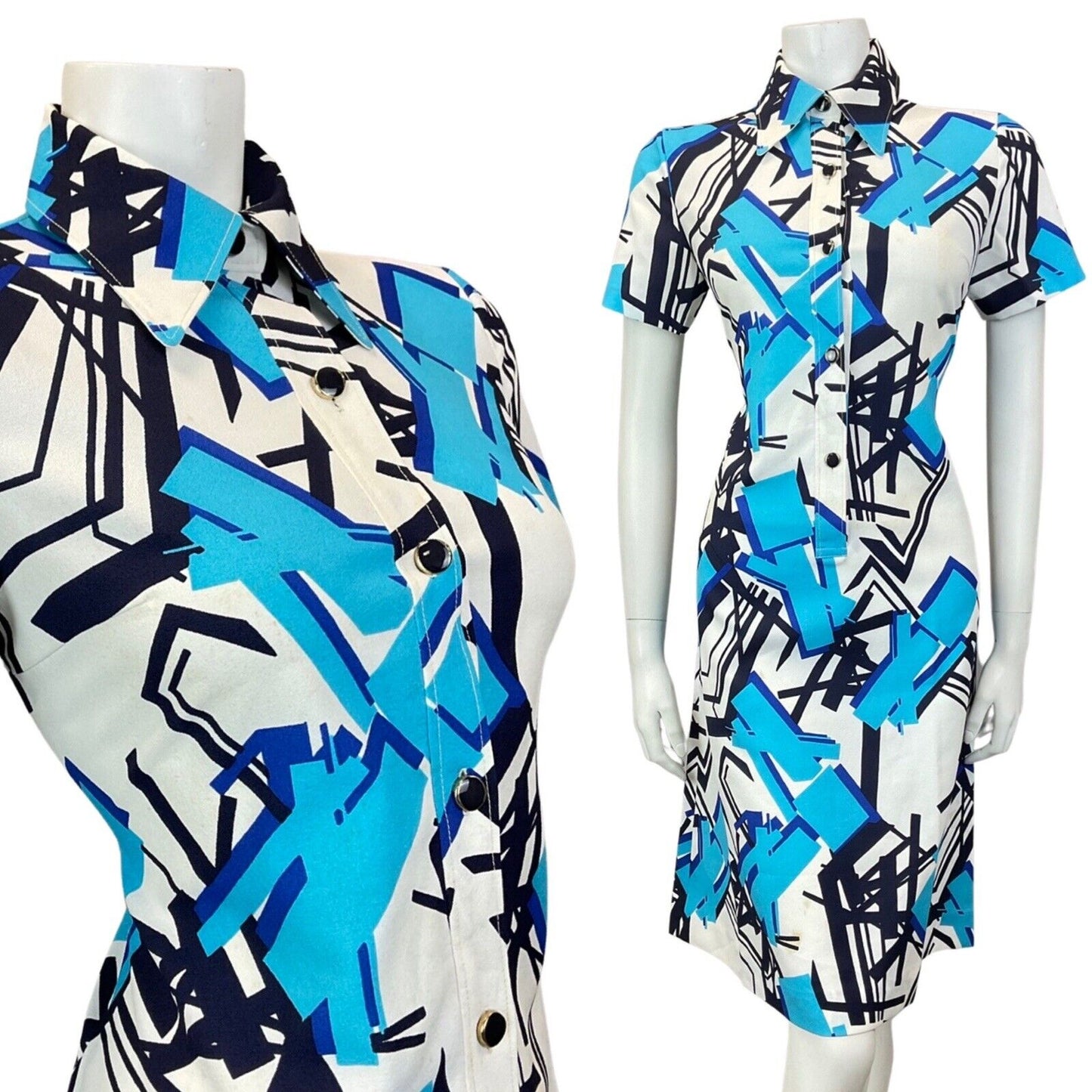 VINTAGE 60s 70s WHITE BLUE NAVY GEOMETRIC MOD DAGGER SHIRT DRES 10 12