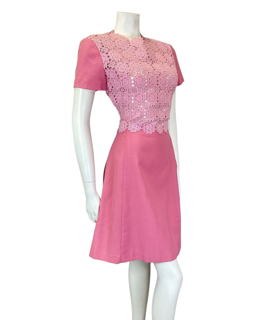 VINTAGE 60s 70s ROSE PINK EMBROIDERED FLORAL LACE SHORT-SLEEVE DRESS 10 12