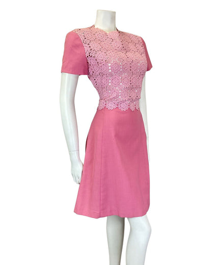 VINTAGE 60s 70s ROSE PINK EMBROIDERED FLORAL LACE SHORT-SLEEVE DRESS 10 12