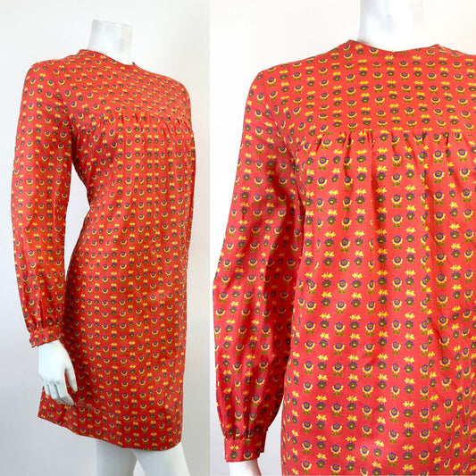 VINTAGE 60s 70s CORAL RED PURPLE YELLOW GREEN FLORAL MOD SHIFT YOKE DRESS 10 12