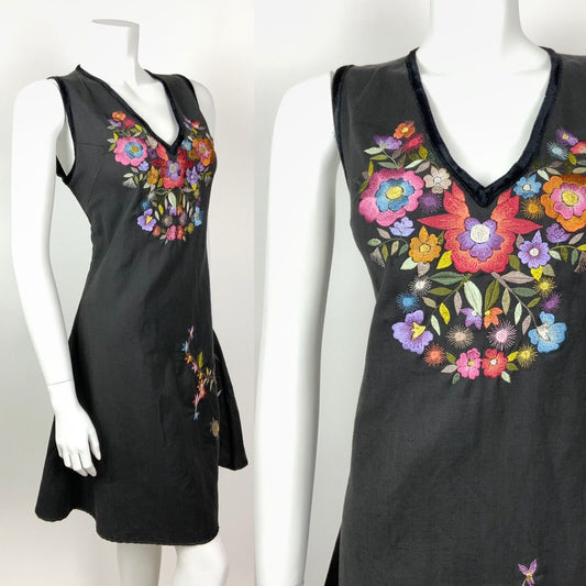 VINTAGE 70s STYLE 90s BLACK RED PURPLE BLUE FLORAL EMBROIDERED DRESS 12 14