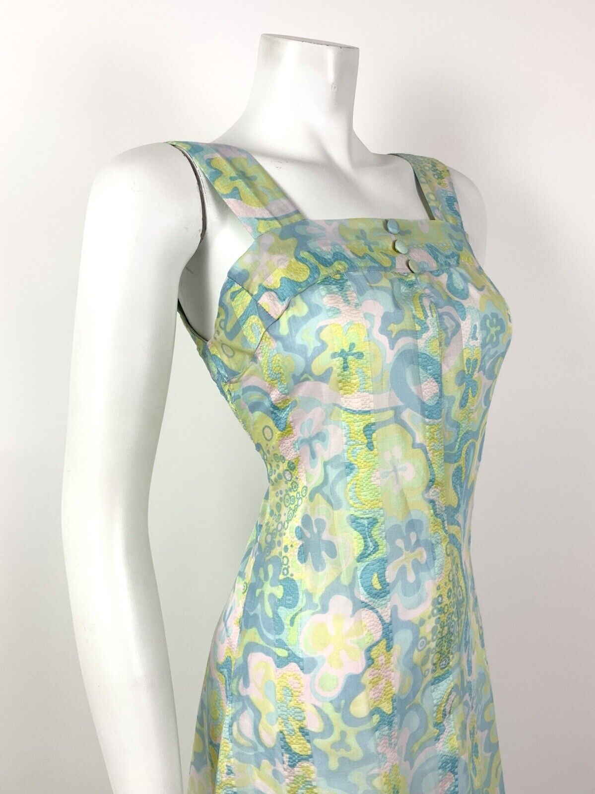 VTG 60s 70s BLUE PINK YELLOW GREEN PSYCHEDELIC FLORAL SLEEVELESS PINNY DRESS 10