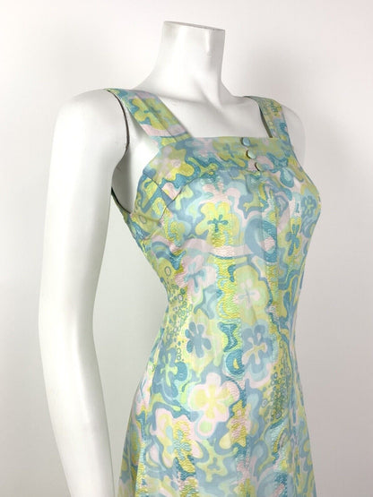 VTG 60s 70s BLUE PINK YELLOW GREEN PSYCHEDELIC FLORAL SLEEVELESS PINNY DRESS 10