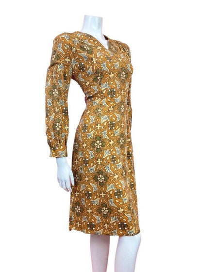 VINTAGE 60s 70s ORANGE BROWN BEIGE FLORAL PIXEL GEOMETRIC MOD DRESS 14 16