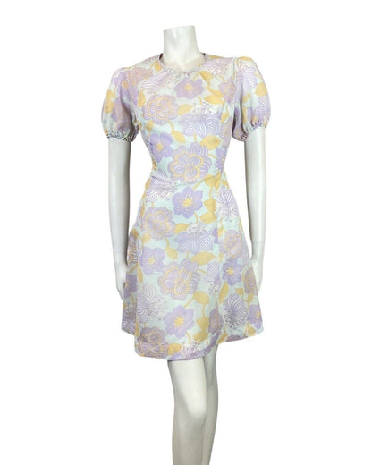 VINTAGE 60s 70s PURPLE BLUE YELLOW FLORAL MOD PUFF SLEEVE SWING DRESS 10 12