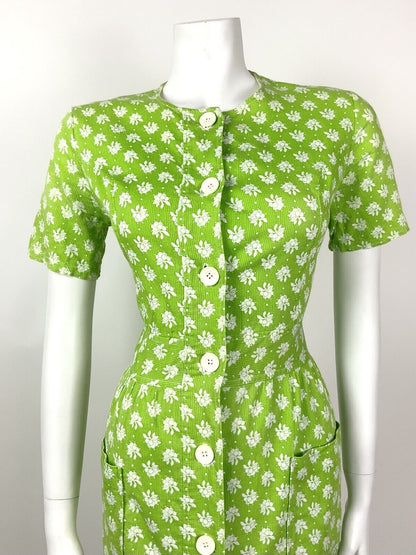 VINTAGE 60s 70s LIME GREEN WHITE FLORAL DOTTY MOD COTTON DRESS 10 12