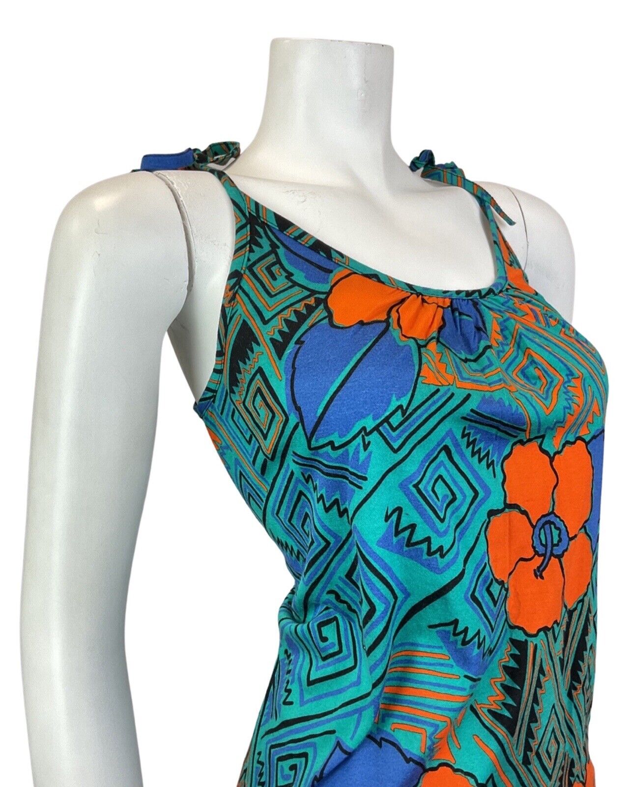 VINTAGE 60s 70s GREEN BLUE ORANGE HAWAIIAN FLORAL GEOMETRIC SUN DRESS 10