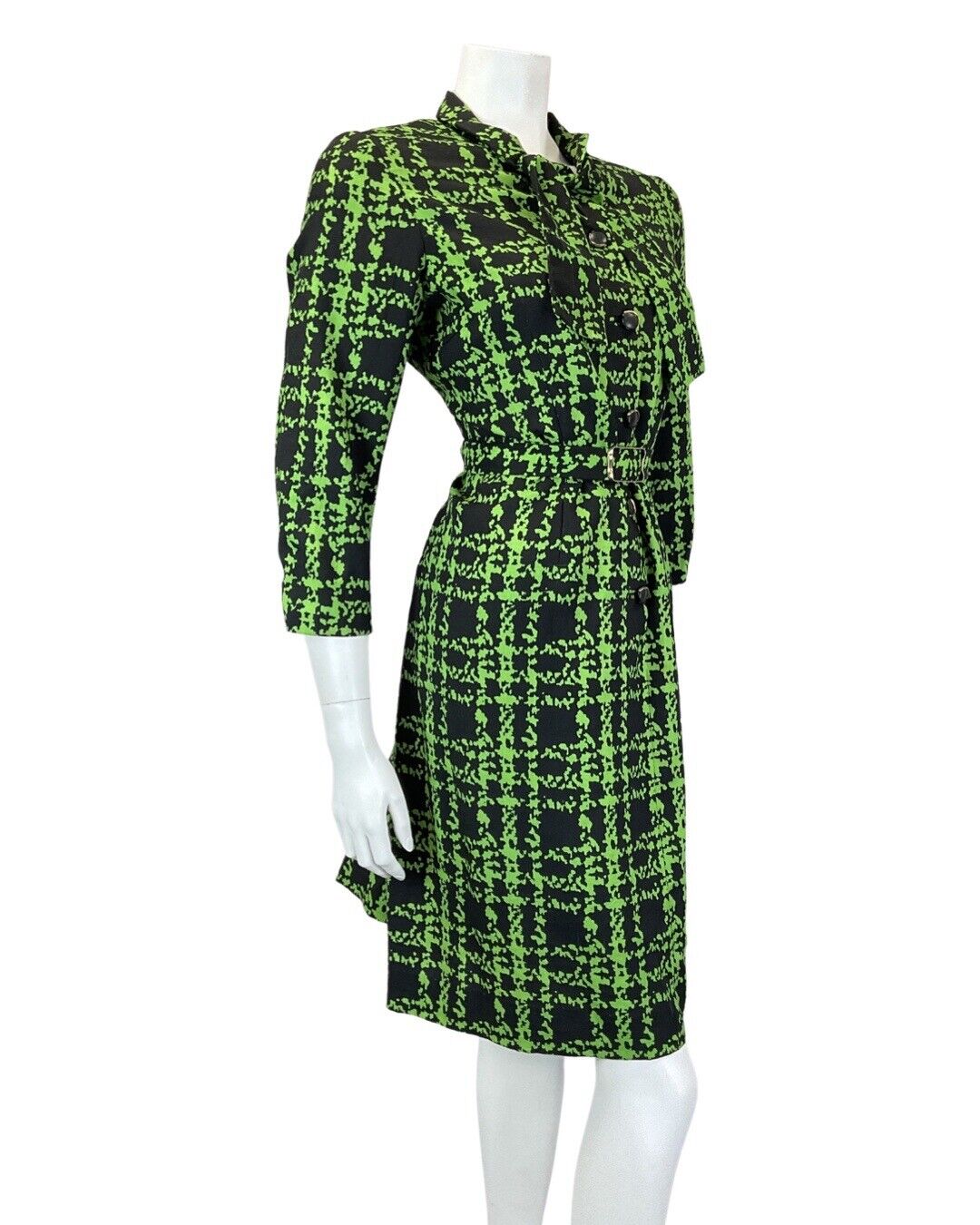 VINTAGE 60s 90s GREEN BLACK PLAID CHECKED PUSSYBOW BELTED MOD DRESS 16