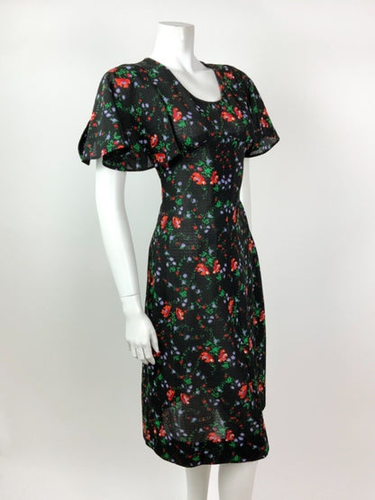VINTAGE 60s 70s BLACK RED GREEN PURPLE FLORAL CAPE SLEEVE DRESS 10