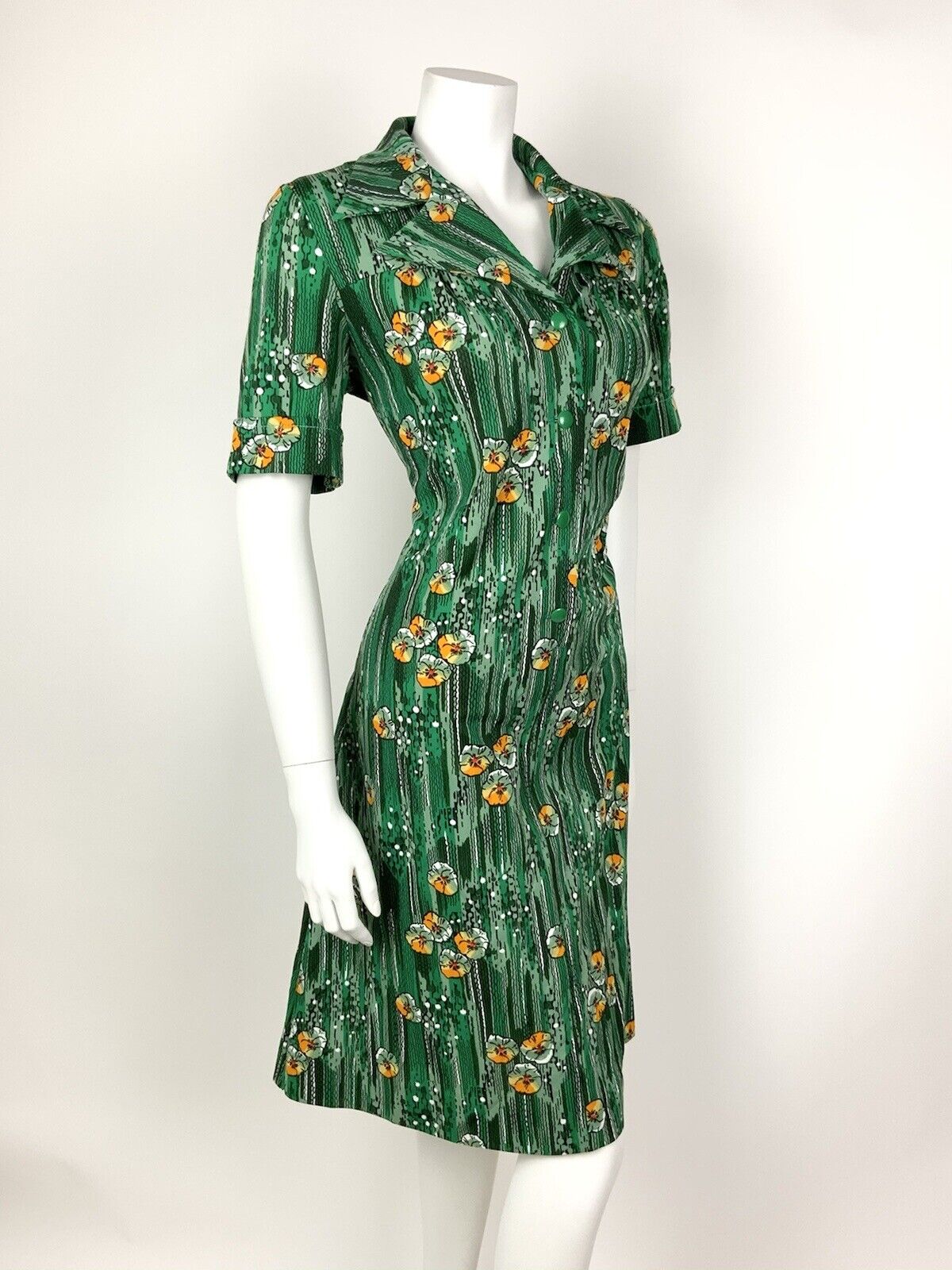 VINTAGE 60s 70s GREEN WHITE ORANGE STRIPED FLORAL DAGGER SHIRT DRESS 14 16