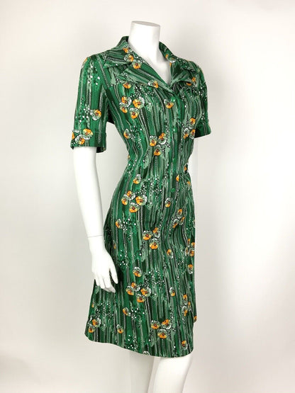VINTAGE 60s 70s GREEN WHITE ORANGE STRIPED FLORAL DAGGER SHIRT DRESS 14 16