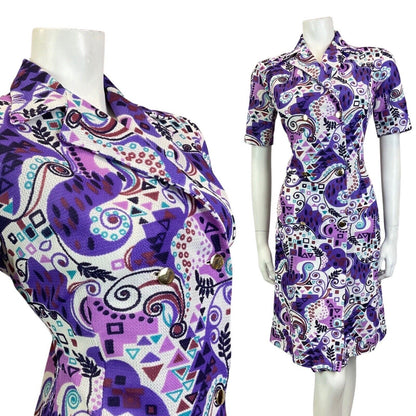 VINTAGE 60s 70s PURPLE TEAL BLUE PSYCHEDELIC SWIRL GEOMETRIC MOD SHIRT DRESS 14