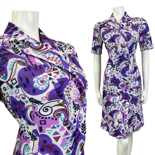 VINTAGE 60s 70s PURPLE TEAL BLUE PSYCHEDELIC SWIRL GEOMETRIC MOD SHIRT DRESS 14