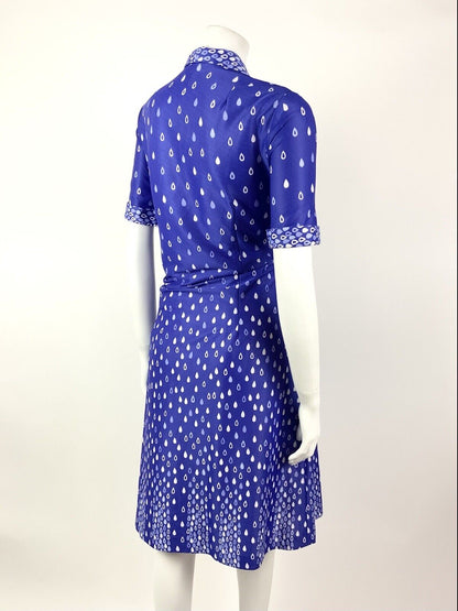 VINTAGE 60s 70s PURPLE LILAC WHITE TEAR RAIN-DROP SHAWL SHIRT DRESS 14 16