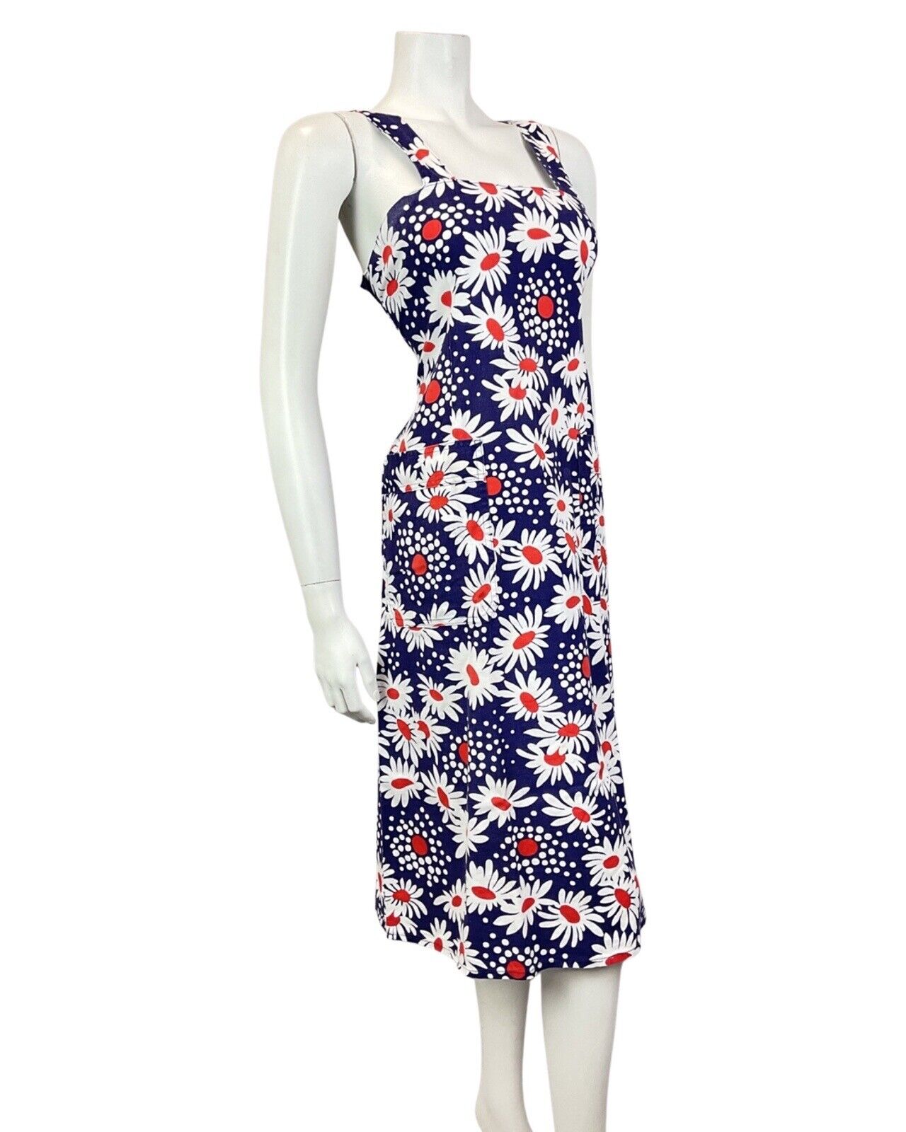 VINTAGE 60s 70s BLUE WHITE RED DAISY FLOWER DOTTY SUMMER APRON DRESS 10