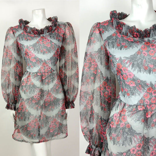 VINTAGE 60s 70s GREY RED PINK FLORAL SCALES RUFFLED SHEER MOD DRESS 12 14
