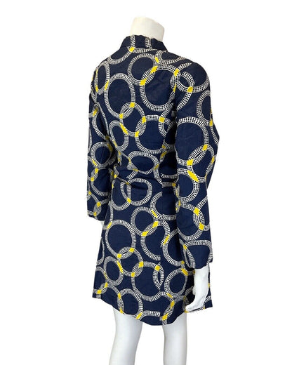 VINTAGE 60s 70s BLACK WHITE YELLOW CIRCLE GEOMETRIC MOD BOW SHORT DRESS 14 16