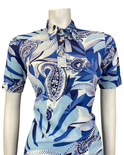 VINTAGE 60s 70s BLUE NAVY WHITE PSYCHEDELIC FLORAL PAISLEY MOD SHIRT DRESS 10 12
