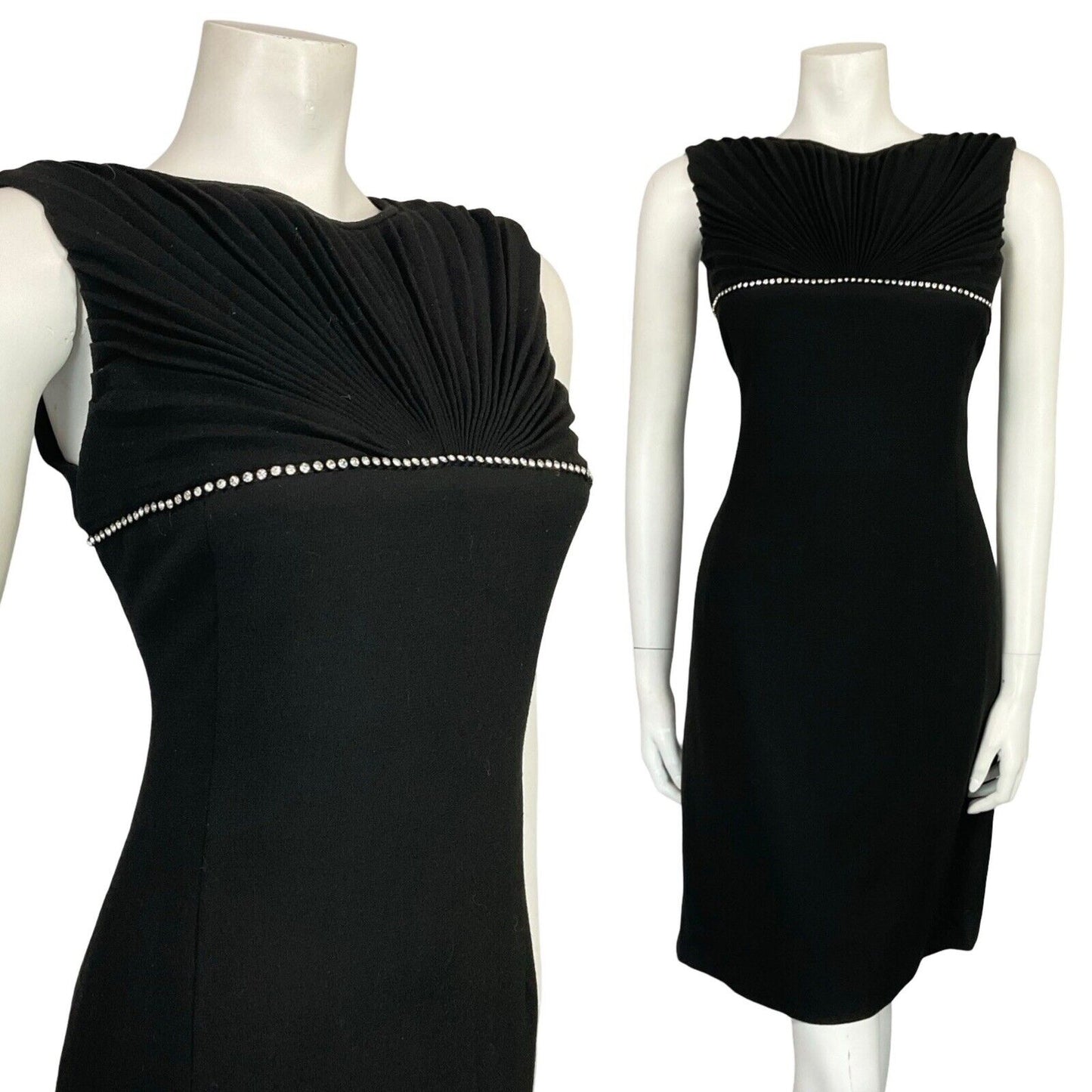 VTG 60S BLACK MOD WOOL DIAMANTE FAN PLEATED SLEEVELESS PARTY MINI DRESS 10