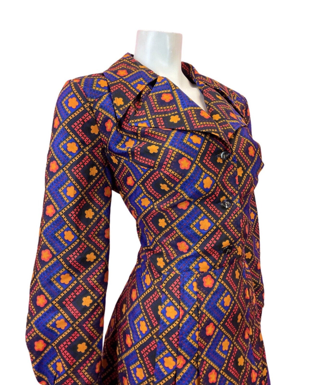 VTG 60s 70s BLUE YELLOW RED FLORAL DAISY CHECKED MOD DAGGER SHIRT DRESS 14 16