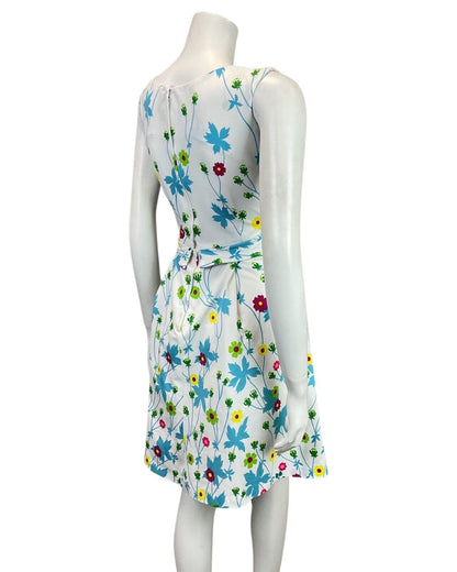 VINTAGE 60s 70s WHITE BLUE GREEN YELLOW FLORAL DAISY MOD SLEEVELESS SUNDRESS 10