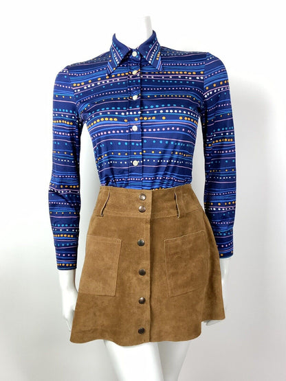 VTG 70s 90s BLUE PINK ORANGE WHITE STRIPED DOTTY PSYCHEDELIC DAGGER SHIRT 8 10