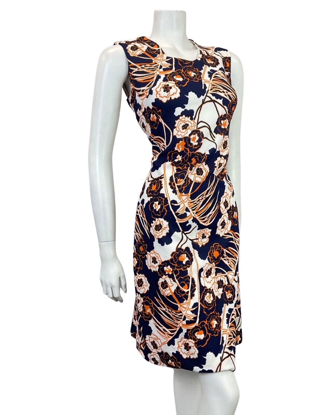 VINTAGE 60s 70s BLUE WHITE ORANGE PSYCHEDELIC FLORAL MOD SLEEVELESS DRESS 10