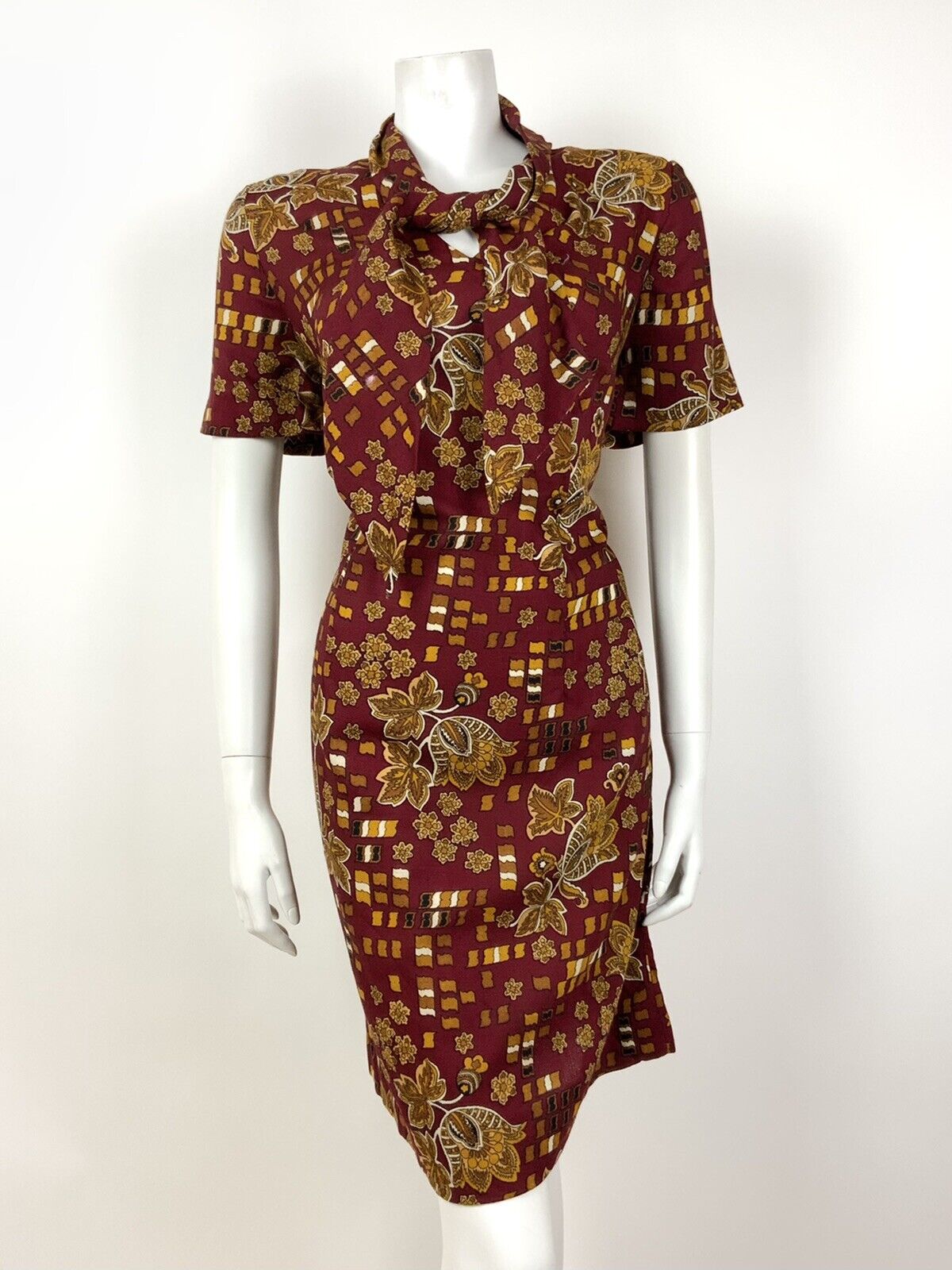 VINTAGE 60s 70s RED BROWN GOLD BLACK FLORAL PAISLEY SQUARE SHIFT DRESS 14 16