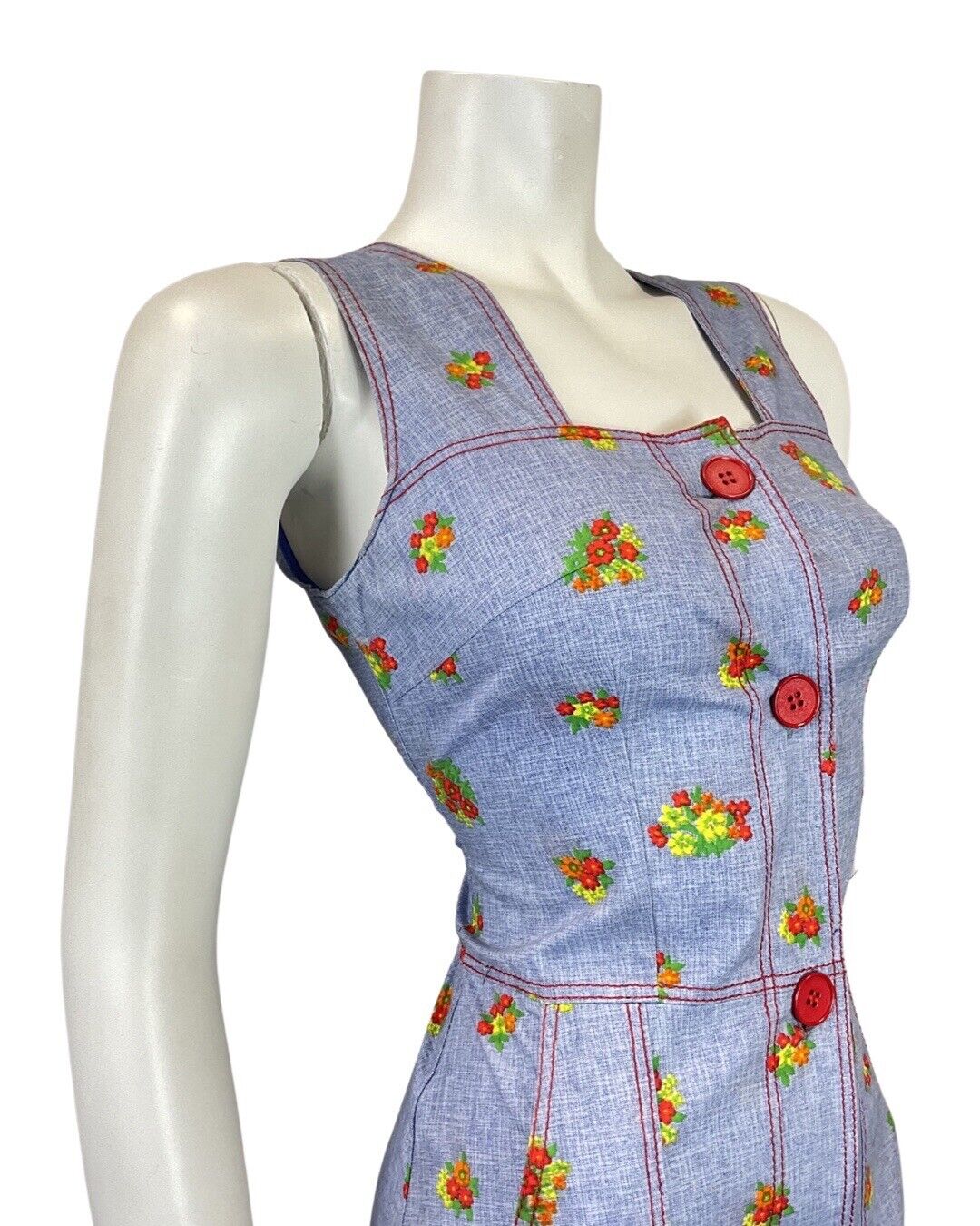 VINTAGE 60s 70s BLUE RED YELLOW FLOWER BOUQUET APRON PINAFORE DRESS 8