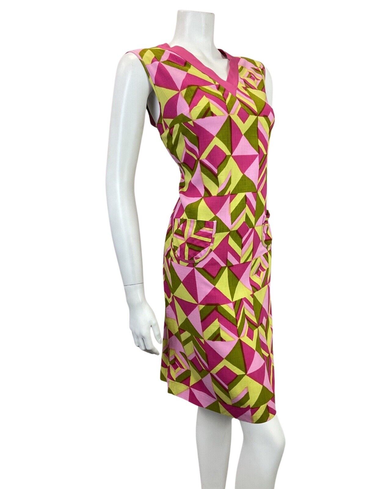 VINTAGE 60s 70s PINK YELLOW GOLD GEOMETRIC SLEEVELESS A-LINE SHIFT DRESS 12