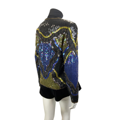 VINTAGE 70s 80s BLACK BLUE GOLD GEOMETRIC WAVY DISCO GLAM TROPHY JACKET 14 16