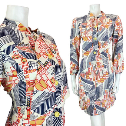 VINTAGE 60s 70s WHITE BLUE RED GEOMETRIC SQUARE PUSSYBOW SHIRT DRESS 12 14