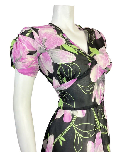 VINTAGE 60s 70s BLACK GREY PURPLE FLORAL SHEER SWING DRESS 12