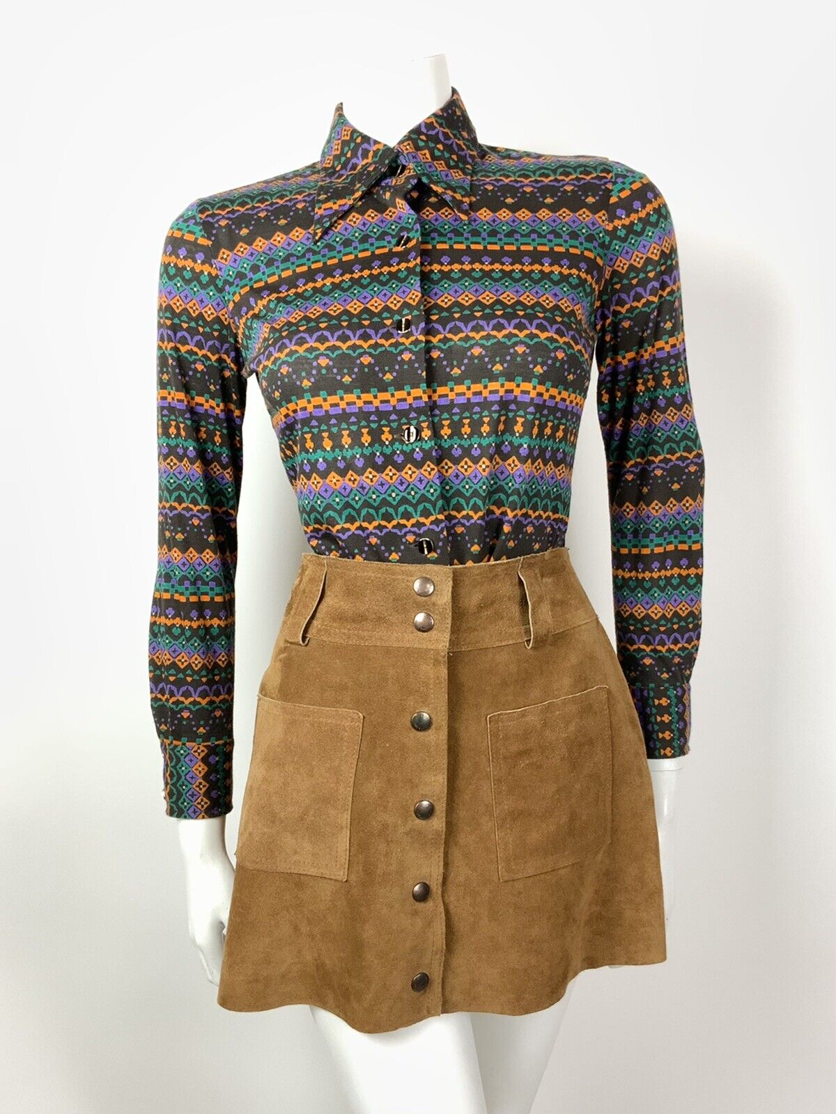 VINTAGE 60s 70s BROWN PURPLE ORANGE GREEN GEOMETRIC AZTEC DAGGER SHIRT 10 12
