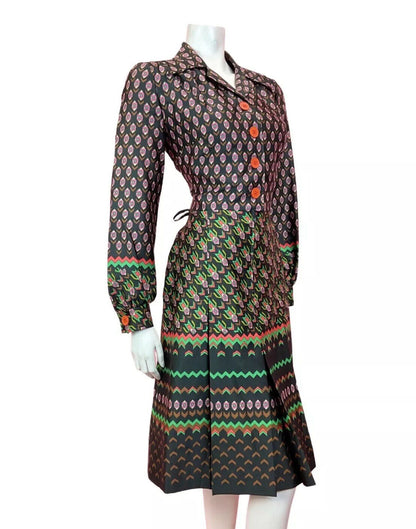 VTG 60s 70s BLACK GREEN PINK PSYCHEDELIC GEOMETRIC DAISY DAGGER SHIRT DRESS 14