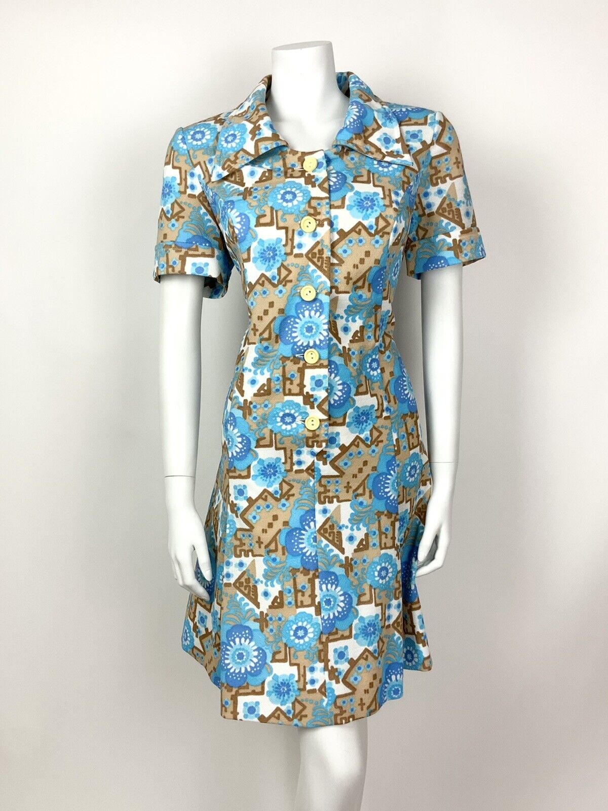 VINTAGE 60s 70s BLUE BEIGE WHITE FLORAL GEOMETRIC PSYCHEDELIC SHIRT DRESS 16 18