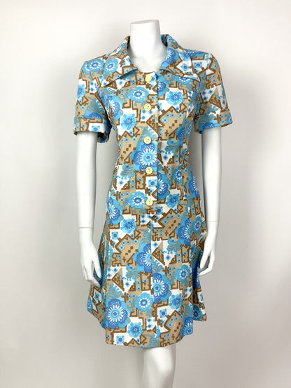 VINTAGE 60s 70s BLUE BEIGE WHITE FLORAL GEOMETRIC PSYCHEDELIC SHIRT DRESS 16 18