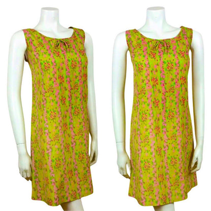 VINTAGE 60s BRIGHT GREEN PINK PSYCHEDELIC SHIFT DRESS 12 14