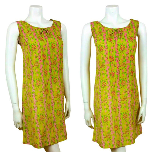 VINTAGE 60s BRIGHT GREEN PINK PSYCHEDELIC SHIFT DRESS 12 14