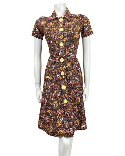 VINTAGE 60s 70s BLACK PINK PURPLE ORANGE FLORAL DITSY MOD DAGGER SHIRT DRESS 8