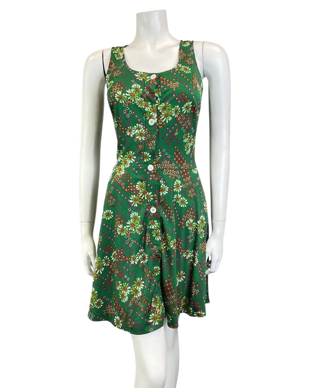 VINTAGE 60s 70s GREEN RED PURPLE DAISY FLOWER GEOMETRIC MOD SLEEVELESS DRESS 8