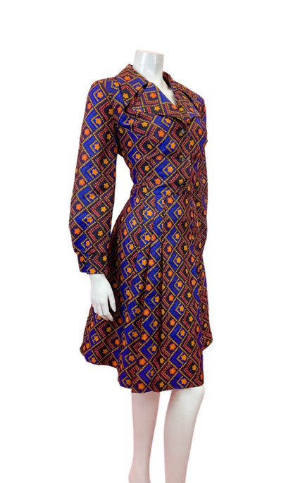 VTG 60s 70s BLUE YELLOW RED FLORAL DAISY CHECKED MOD DAGGER SHIRT DRESS 14 16