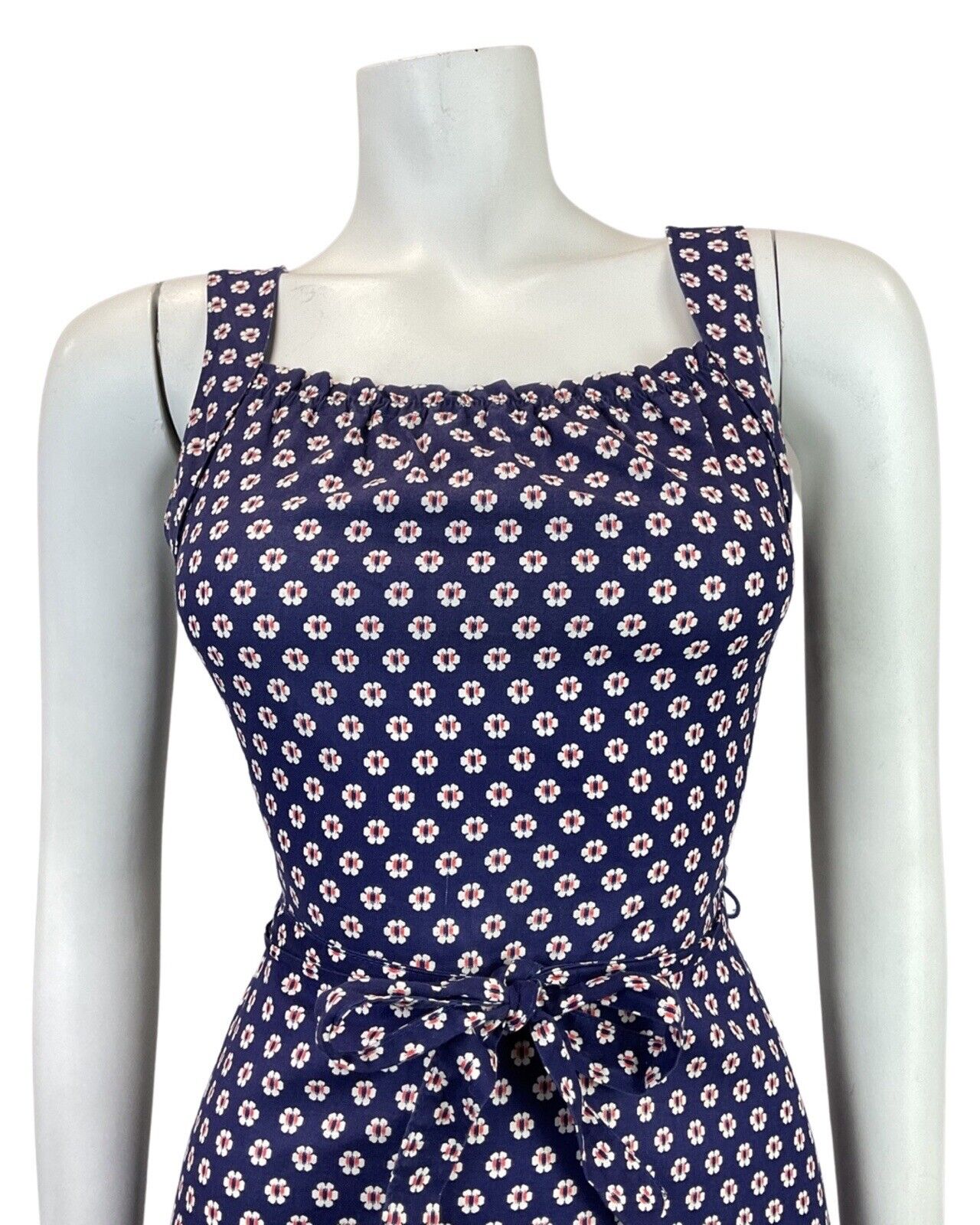 VINTAGE 60s 70s BLUE WHITE RED POLKA-DOT DAISY FLOWER STRAPPY SUN DRESS 8